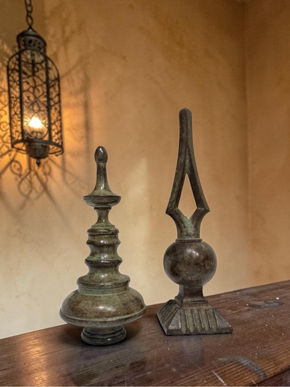 Vintage Bronze-Green Decorative Finial Pair Heavy Sculptural Mantel Accents - Picture 15 of 15